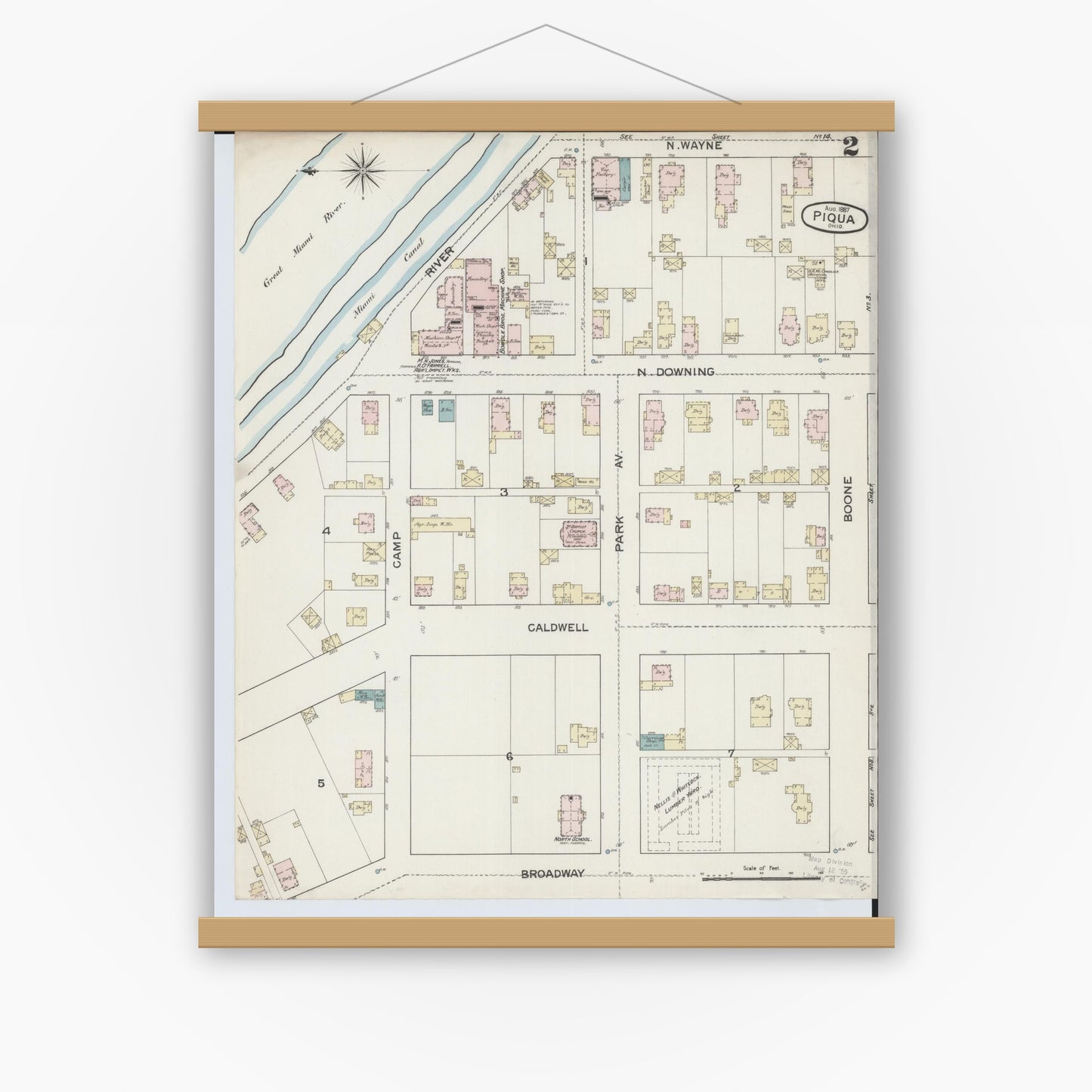 Old map wall art mockup — magnetic wood frame on white wall — Sanborn Fire Insurance Map from Piqua, Miami County, Ohio (1887), Sheet #0002