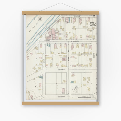 Old map wall art mockup — magnetic wood frame on white wall — Sanborn Fire Insurance Map from Piqua, Miami County, Ohio (1887), Sheet #0002