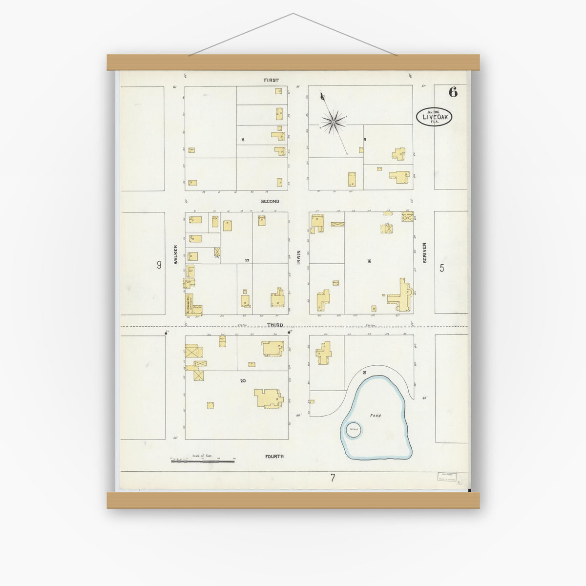 Old map wall art mockup — magnetic wood frame on white wall — Sanborn Fire Insurance Map from Live Oak, Suwanee County, Florida (1906), Sheet #0006