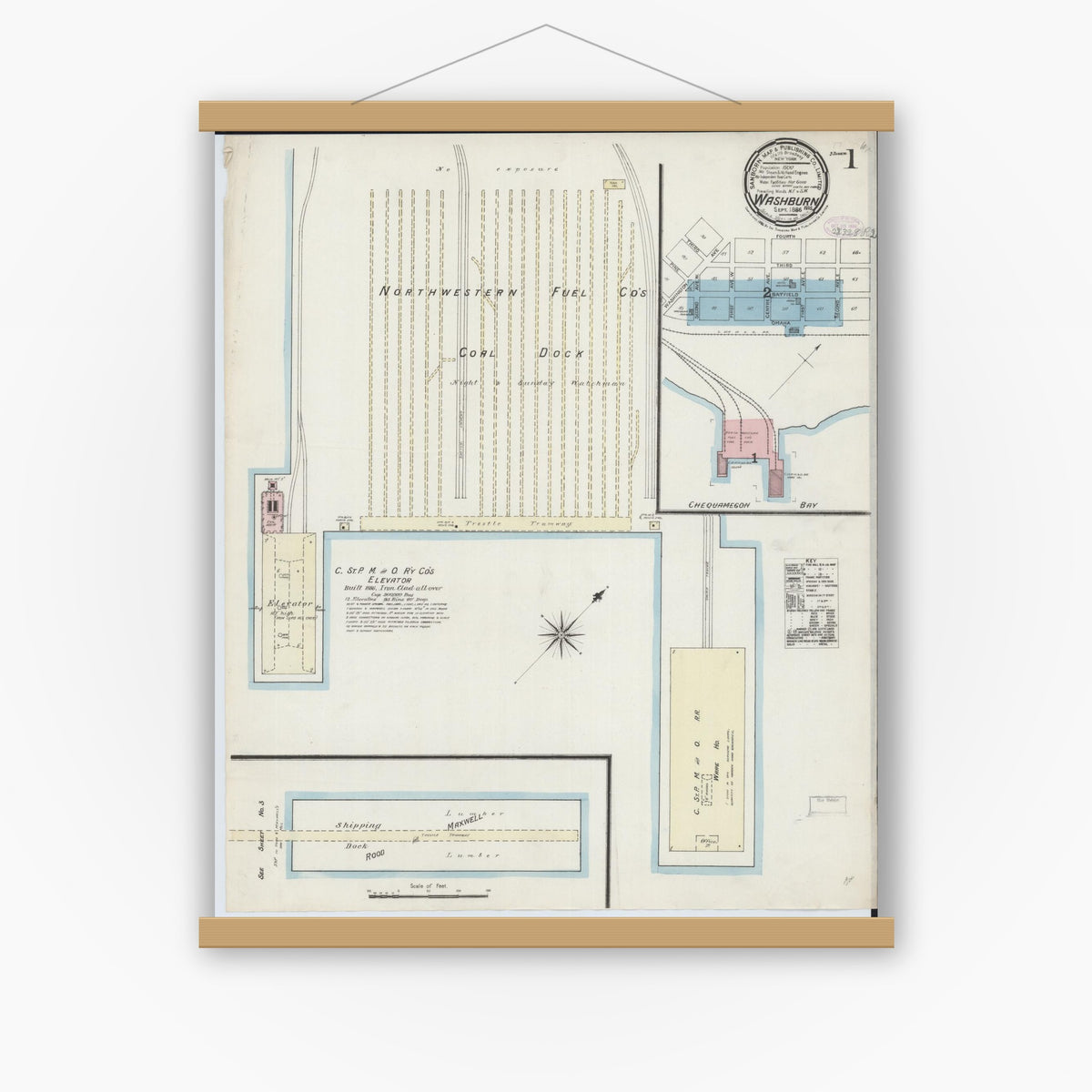Old map wall art mockup — magnetic wood frame on white wall — Sanborn Fire Insurance Map from Washburn, Bayfield County, Wisconsin (1886), Sheet #0001