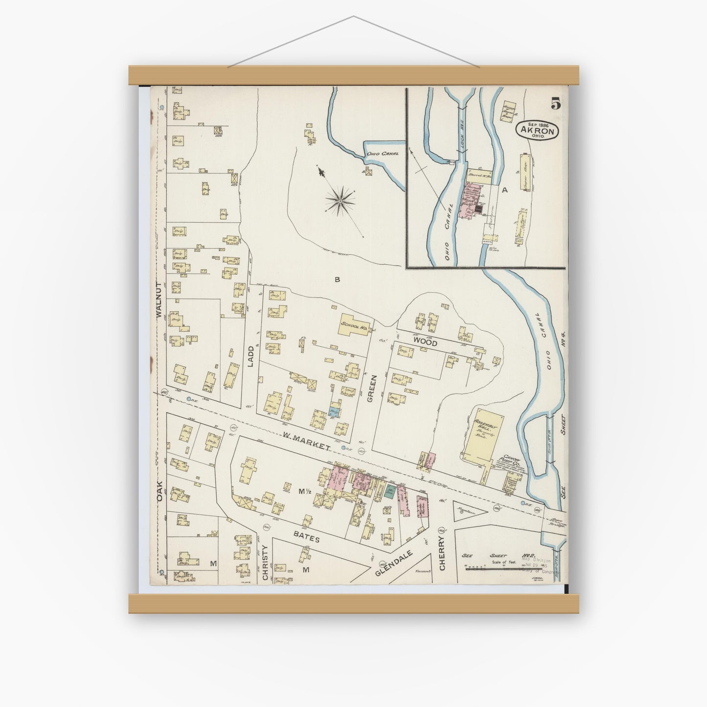 Old map wall art mockup — magnetic wood frame on white wall — Sanborn Fire Insurance Map from Akron, Summit County, Ohio (1886), Sheet #0005