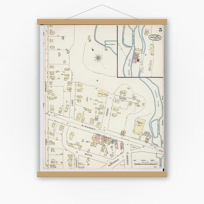 Old map wall art mockup — magnetic wood frame on white wall — Sanborn Fire Insurance Map from Akron, Summit County, Ohio (1886), Sheet #0005