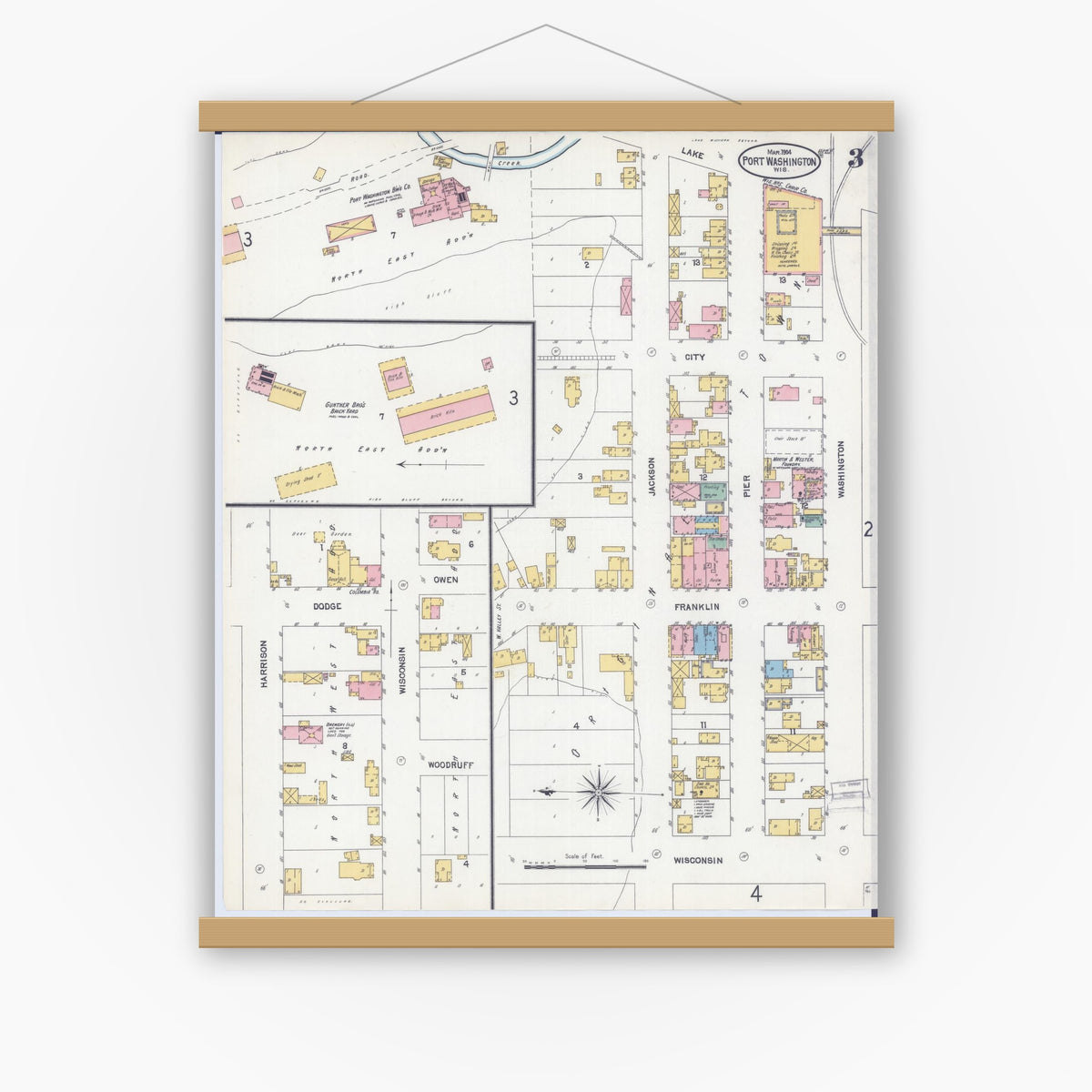 Old map wall art mockup — magnetic wood frame on white wall — Sanborn Fire Insurance Map from Port Washington, Ozaukee County, Wisconsin (1904), Sheet #0003