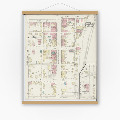 Old map wall art mockup — magnetic wood frame on white wall — Sanborn Fire Insurance Map from Cambridge, Guernsey County, Ohio (1886), Sheet #0002