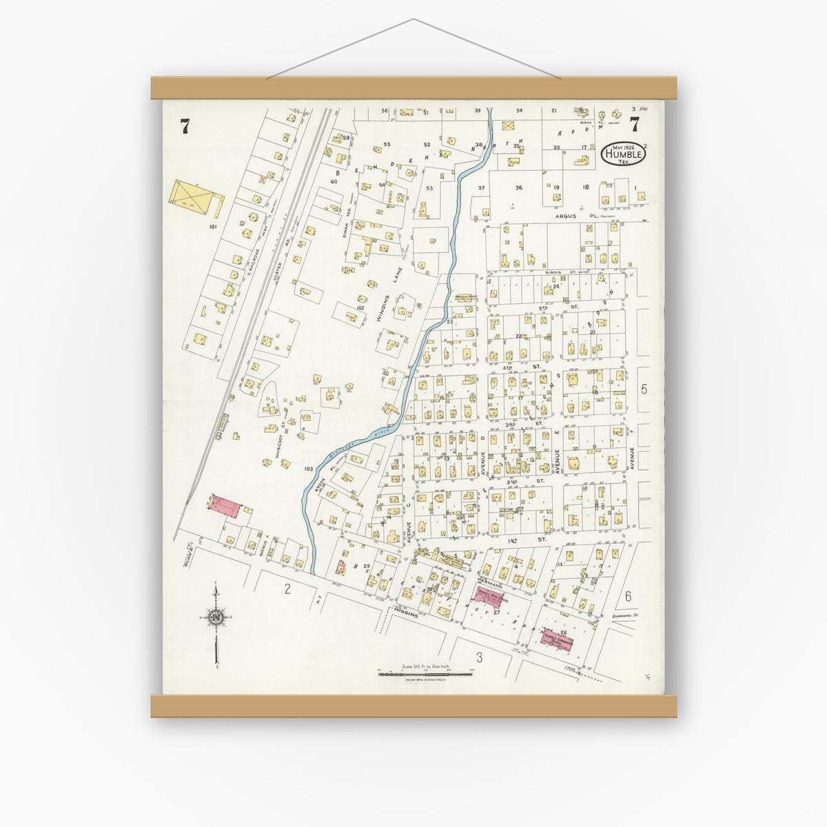 Old map wall art mockup — magnetic wood frame on white wall — Sanborn Fire Insurance Map from Humble, Harris County, Texas (1926), Sheet #0007