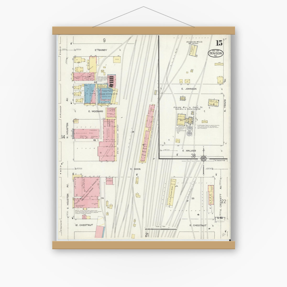 Old map wall art mockup — magnetic wood frame on white wall — Sanborn Fire Insurance Map from Denison, Grayson County, Texas (1914), Sheet #0015