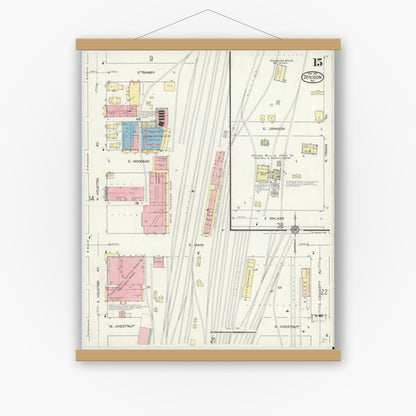Old map wall art mockup — magnetic wood frame on white wall — Sanborn Fire Insurance Map from Denison, Grayson County, Texas (1914), Sheet #0015