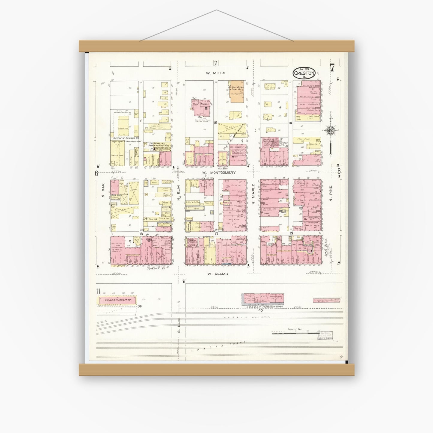 Old map wall art mockup — magnetic wood frame on white wall — Sanborn Fire Insurance Map from Creston, Union County, Iowa (1913), Sheet #0007