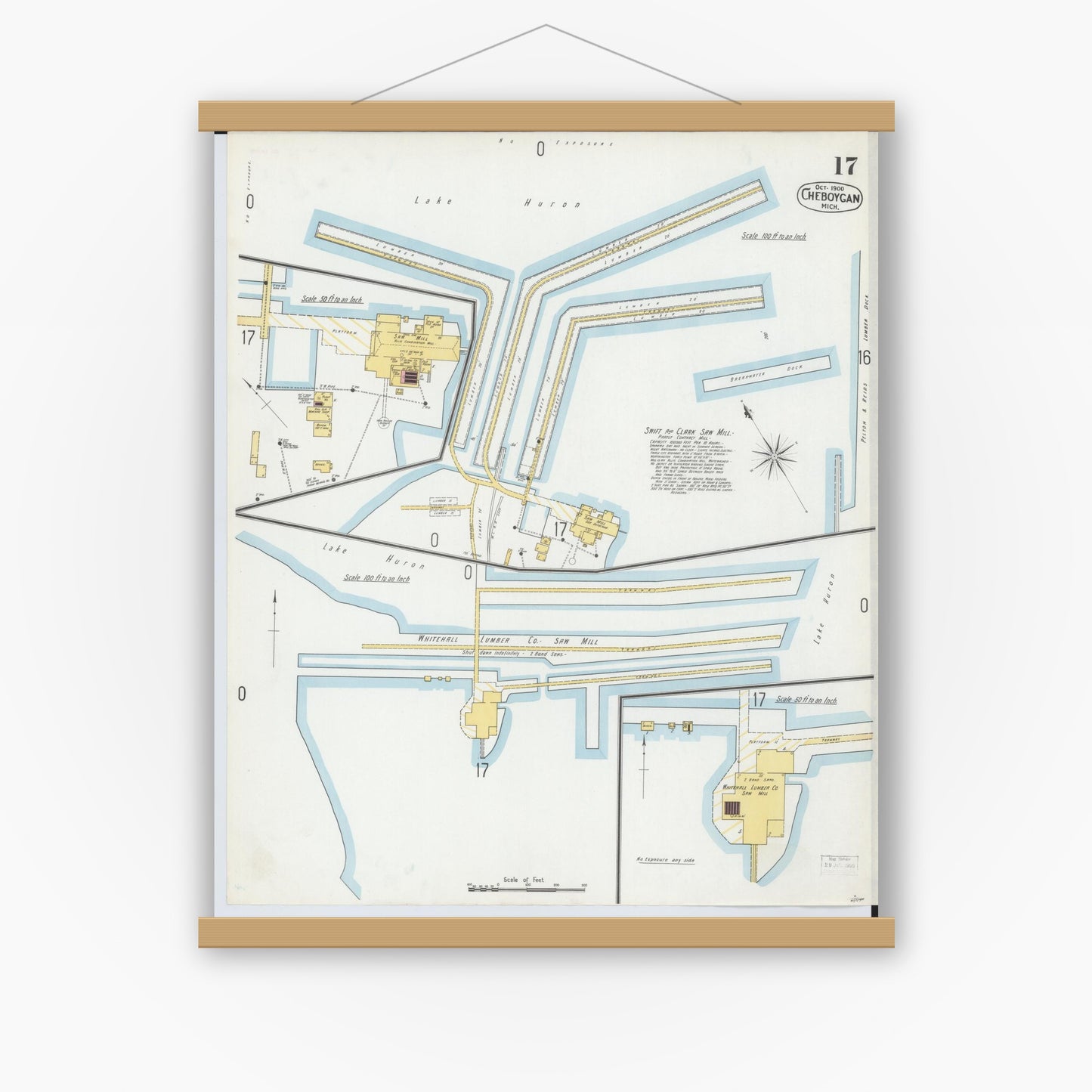 Old map wall art mockup — magnetic wood frame on white wall — Sanborn Fire Insurance Map from Cheboygan, Cheboygan County, Michigan (1900), Sheet #0017