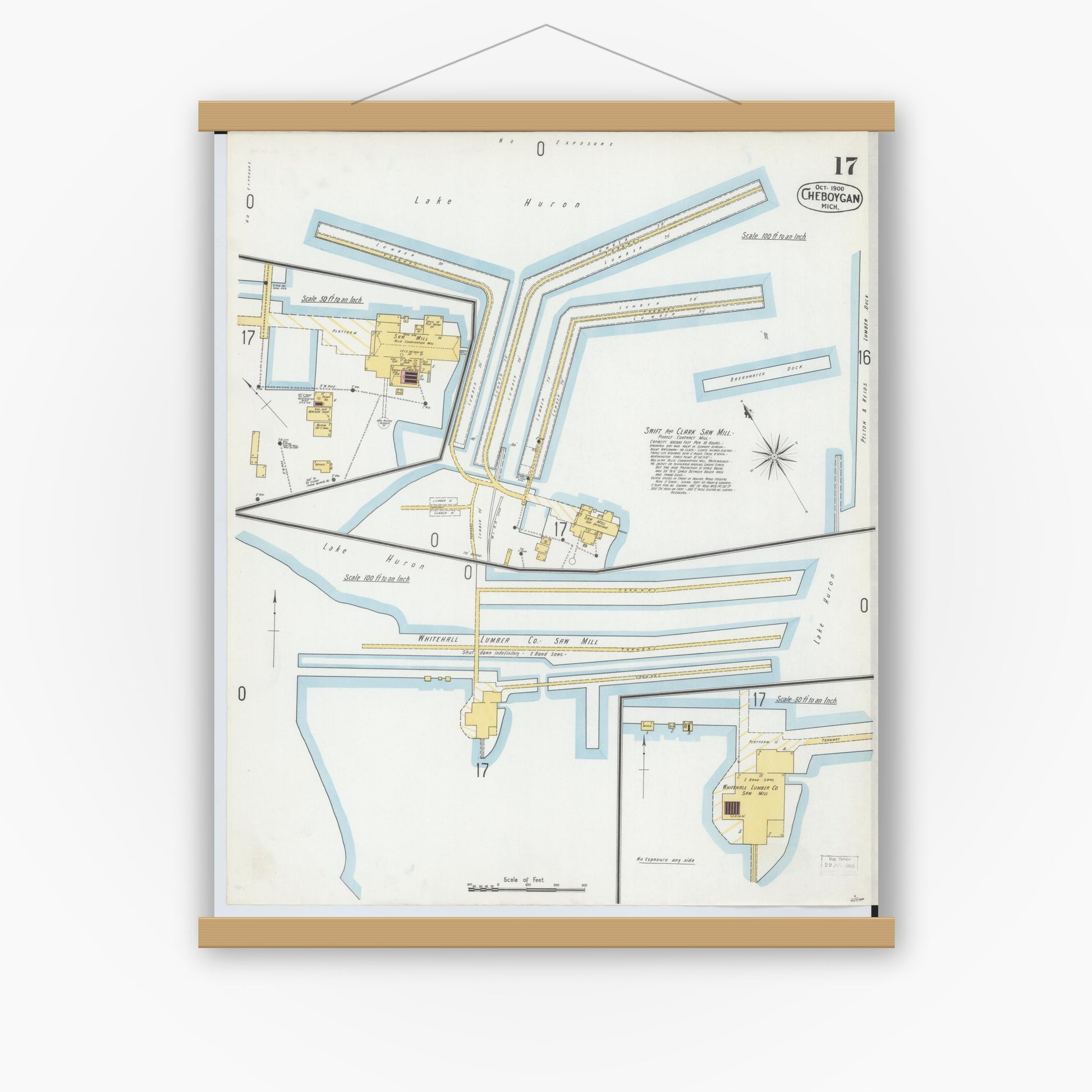 Old map wall art mockup — magnetic wood frame on white wall — Sanborn Fire Insurance Map from Cheboygan, Cheboygan County, Michigan (1900), Sheet #0017