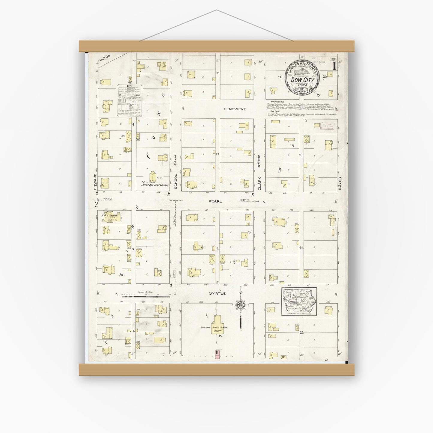 Old map wall art mockup — magnetic wood frame on white wall — Sanborn Fire Insurance Map from Dow City, Crawford County, Iowa (1913) â€” Complete Set