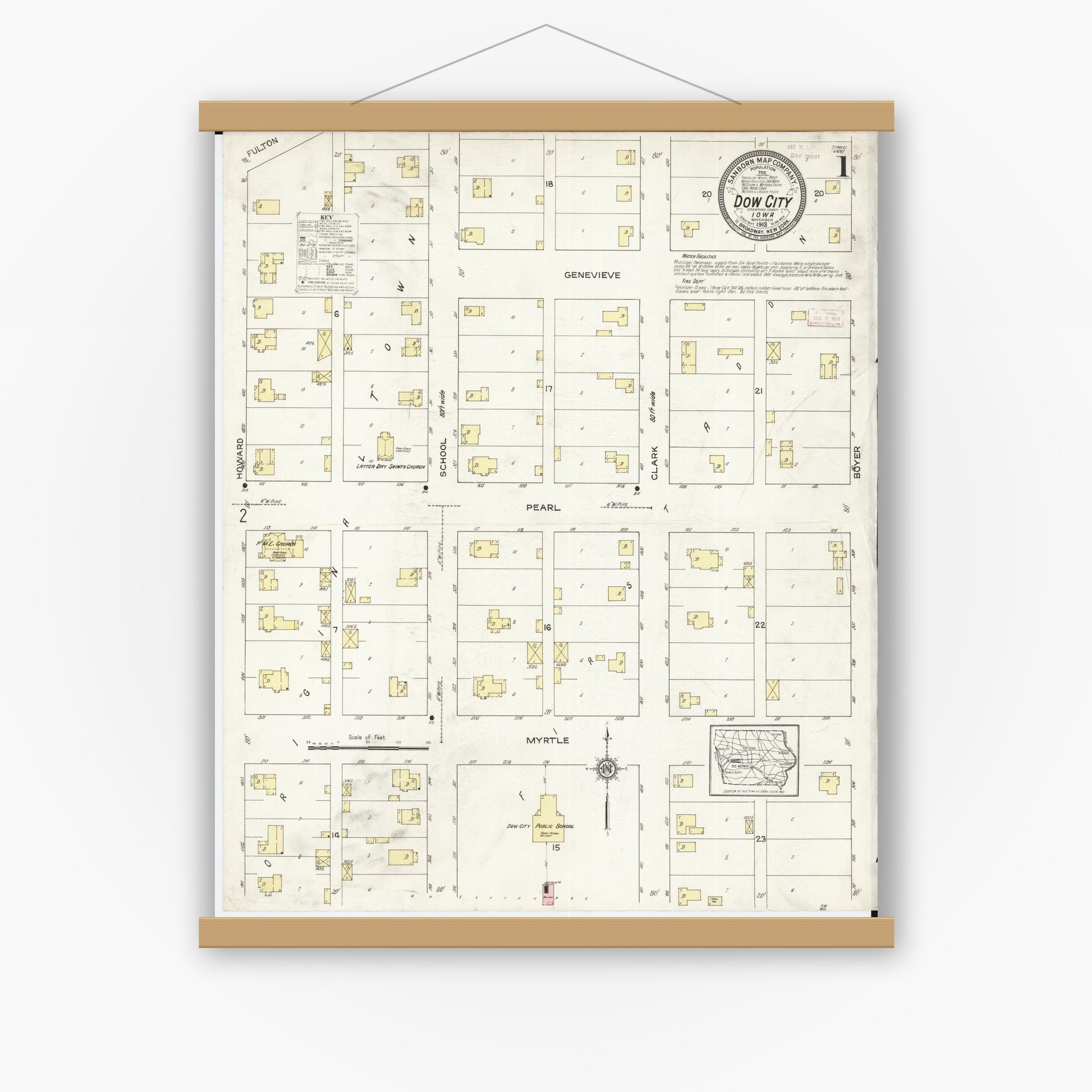Old map wall art mockup — magnetic wood frame on white wall — Sanborn Fire Insurance Map from Dow City, Crawford County, Iowa (1913) â€” Complete Set