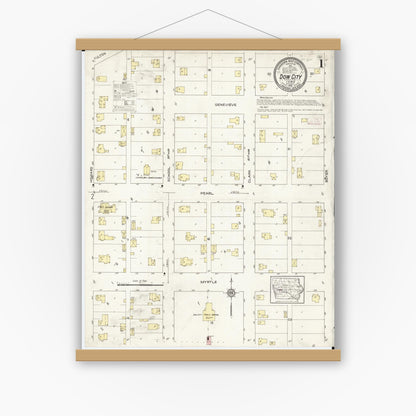 Old map wall art mockup — magnetic wood frame on white wall — Sanborn Fire Insurance Map from Dow City, Crawford County, Iowa (1913) â€” Complete Set