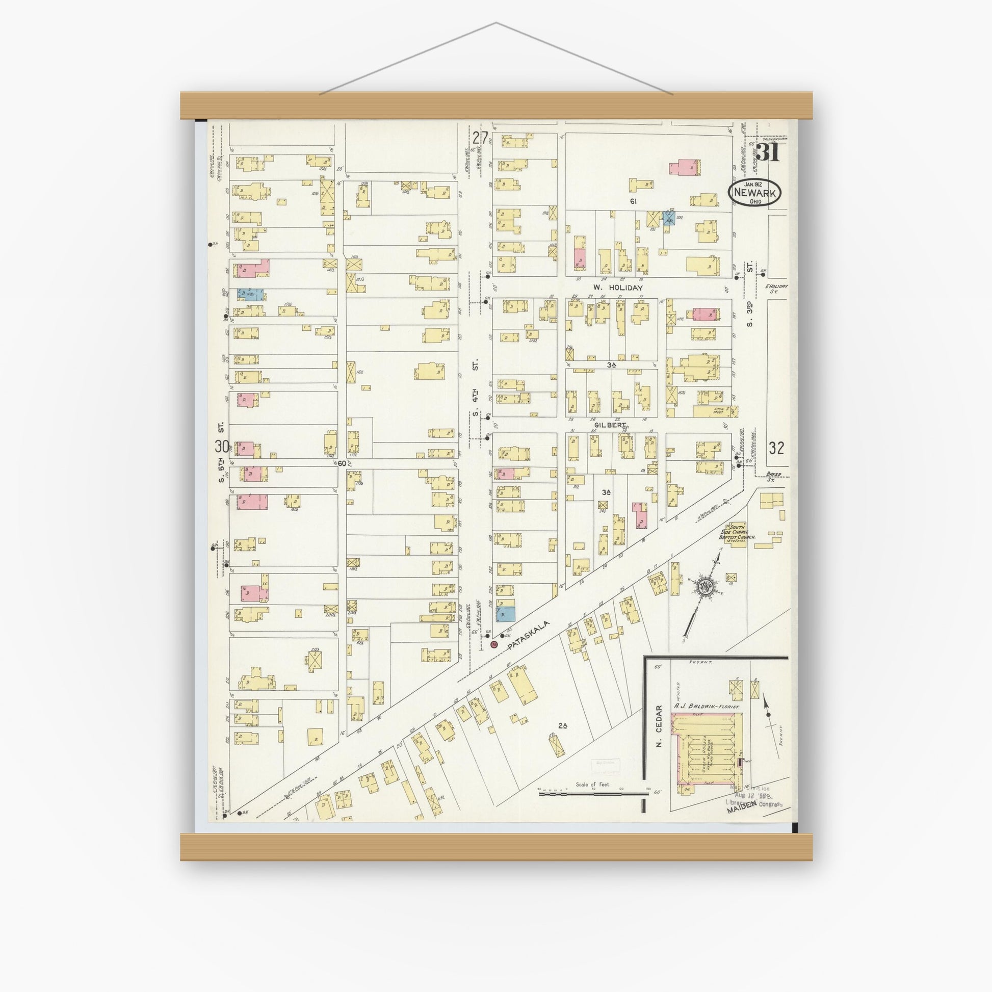 Old map wall art mockup — magnetic wood frame on white wall — Sanborn Fire Insurance Map from Newark, Licking County, Ohio (1912), Sheet #0031