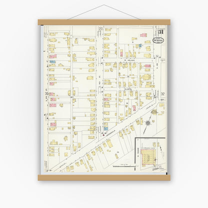 Old map wall art mockup — magnetic wood frame on white wall — Sanborn Fire Insurance Map from Newark, Licking County, Ohio (1912), Sheet #0031