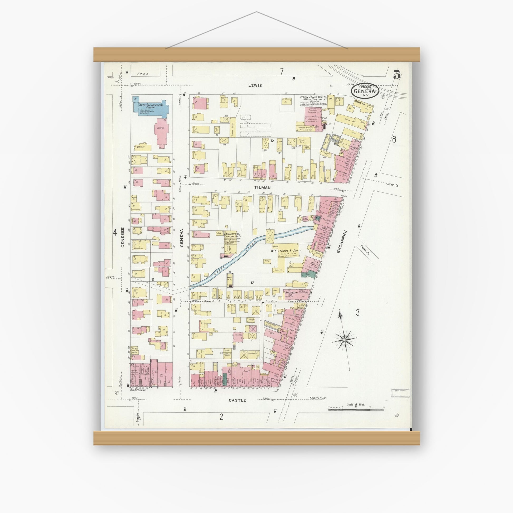 Old map wall art mockup — magnetic wood frame on white wall — Sanborn Fire Insurance Map from Geneva, Ontario County, New York (1909), Sheet #0005