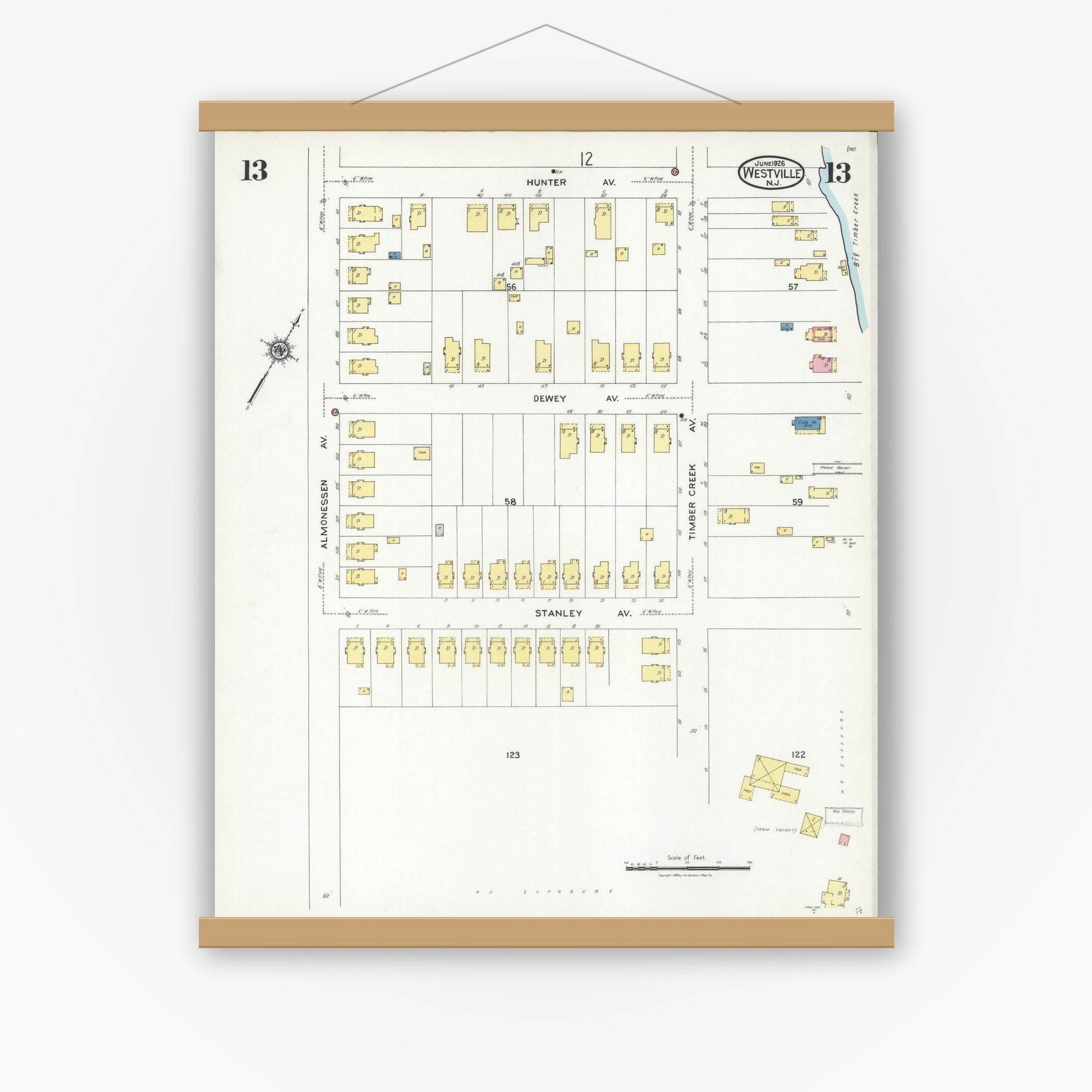 Old map wall art mockup — magnetic wood frame on white wall — Sanborn Fire Insurance Map from Westville, Gloucester County, New Jersey (1926), Sheet #0013