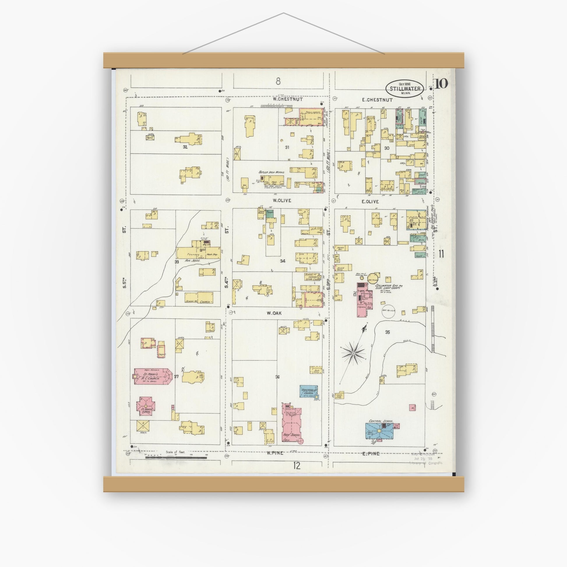 Old map wall art mockup — magnetic wood frame on white wall — Sanborn Fire Insurance Map from Stillwater, Washington County, Minnesota (1898), Sheet #0010