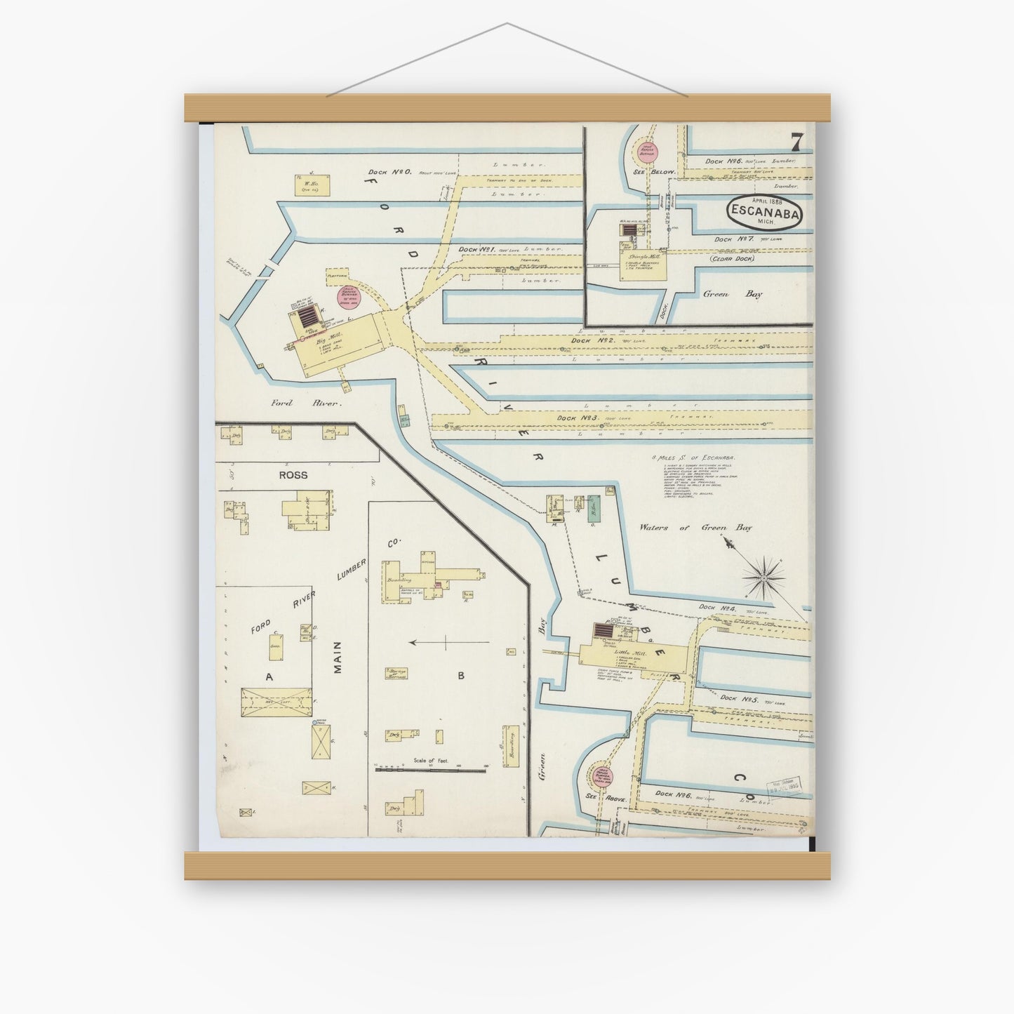 Old map wall art mockup — magnetic wood frame on white wall — Sanborn Fire Insurance Map from Escanaba, Delta County, Michigan (1888), Sheet #0007