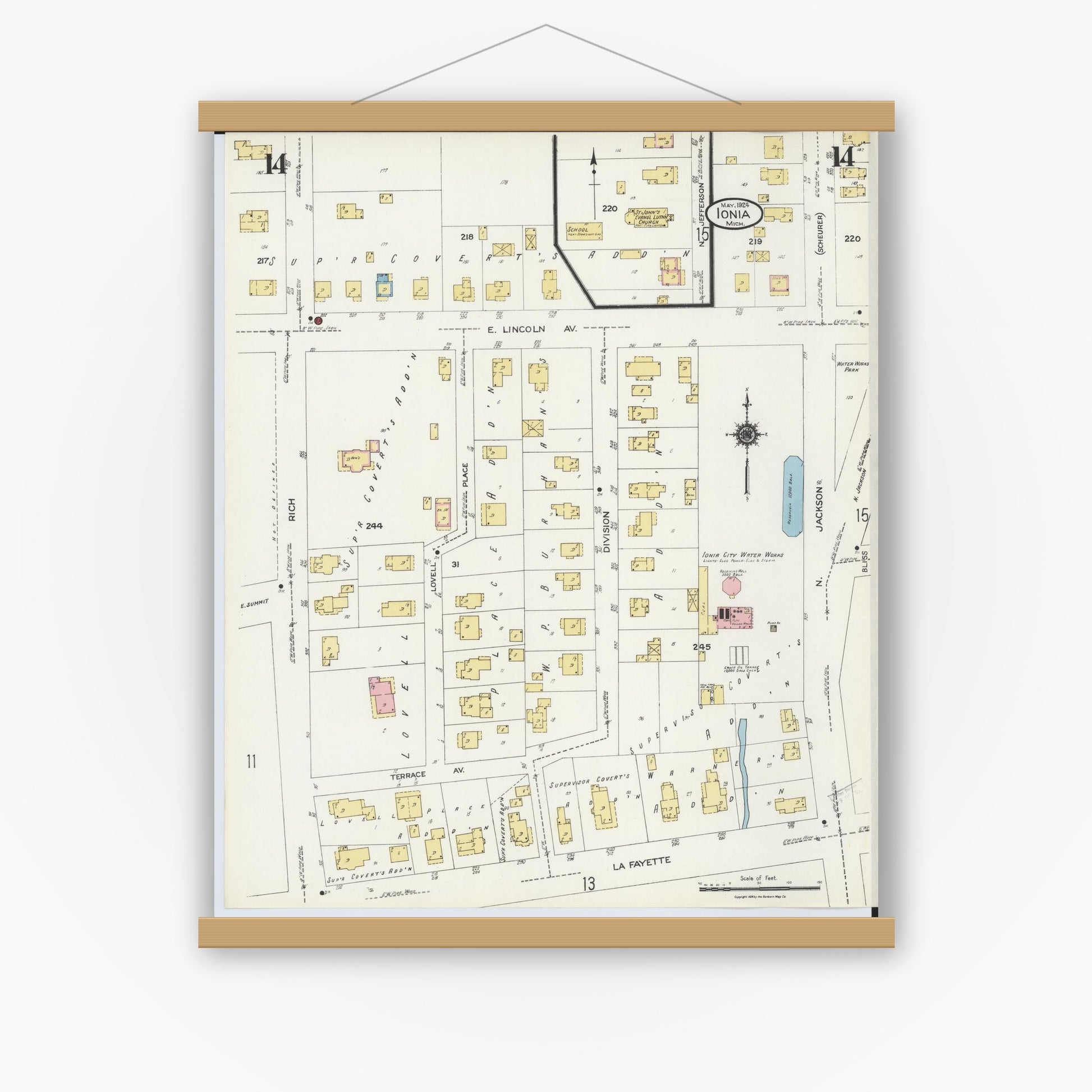 Old map wall art mockup — magnetic wood frame on white wall — Sanborn Fire Insurance Map from Ionia, Ionia County, Michigan (1924), Sheet #0014