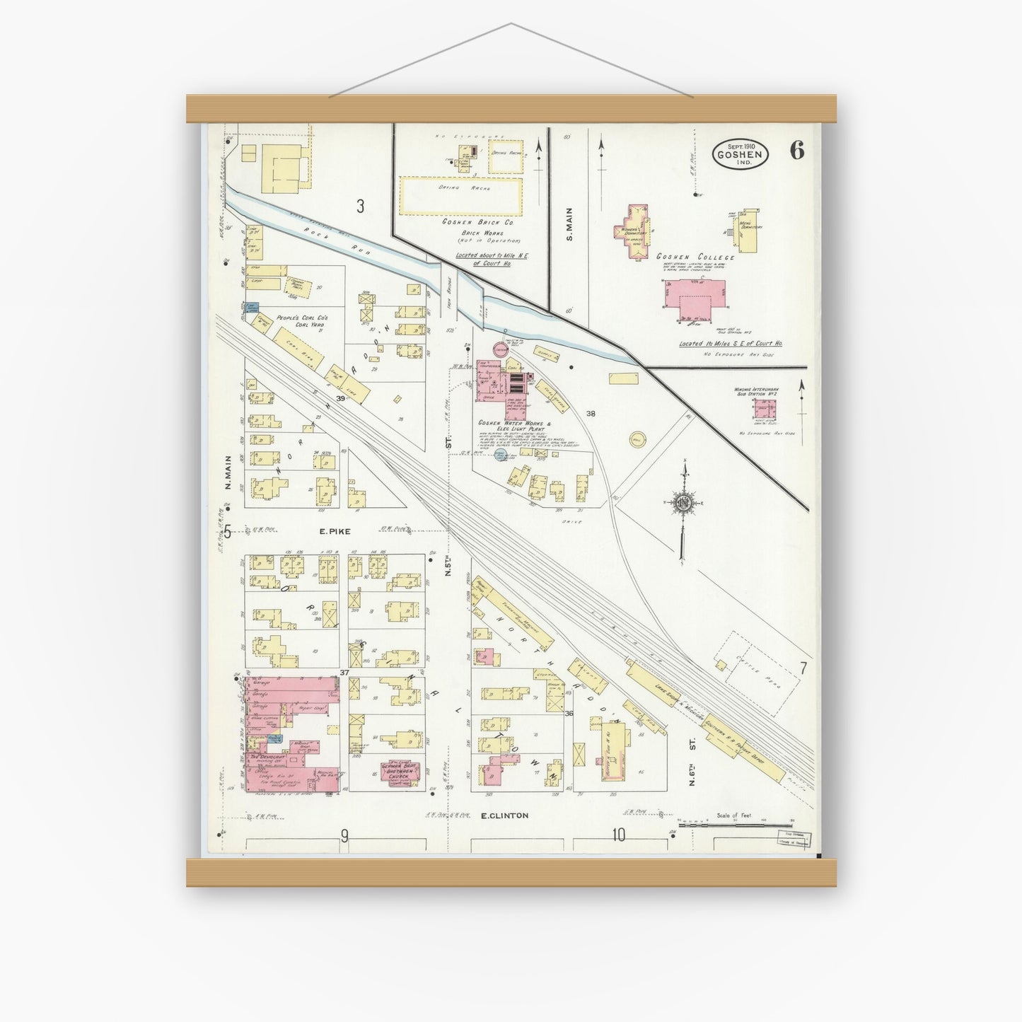 Old map wall art mockup — magnetic wood frame on white wall — Sanborn Fire Insurance Map from Goshen, Elkhart County, Indiana (1910), Sheet #0006