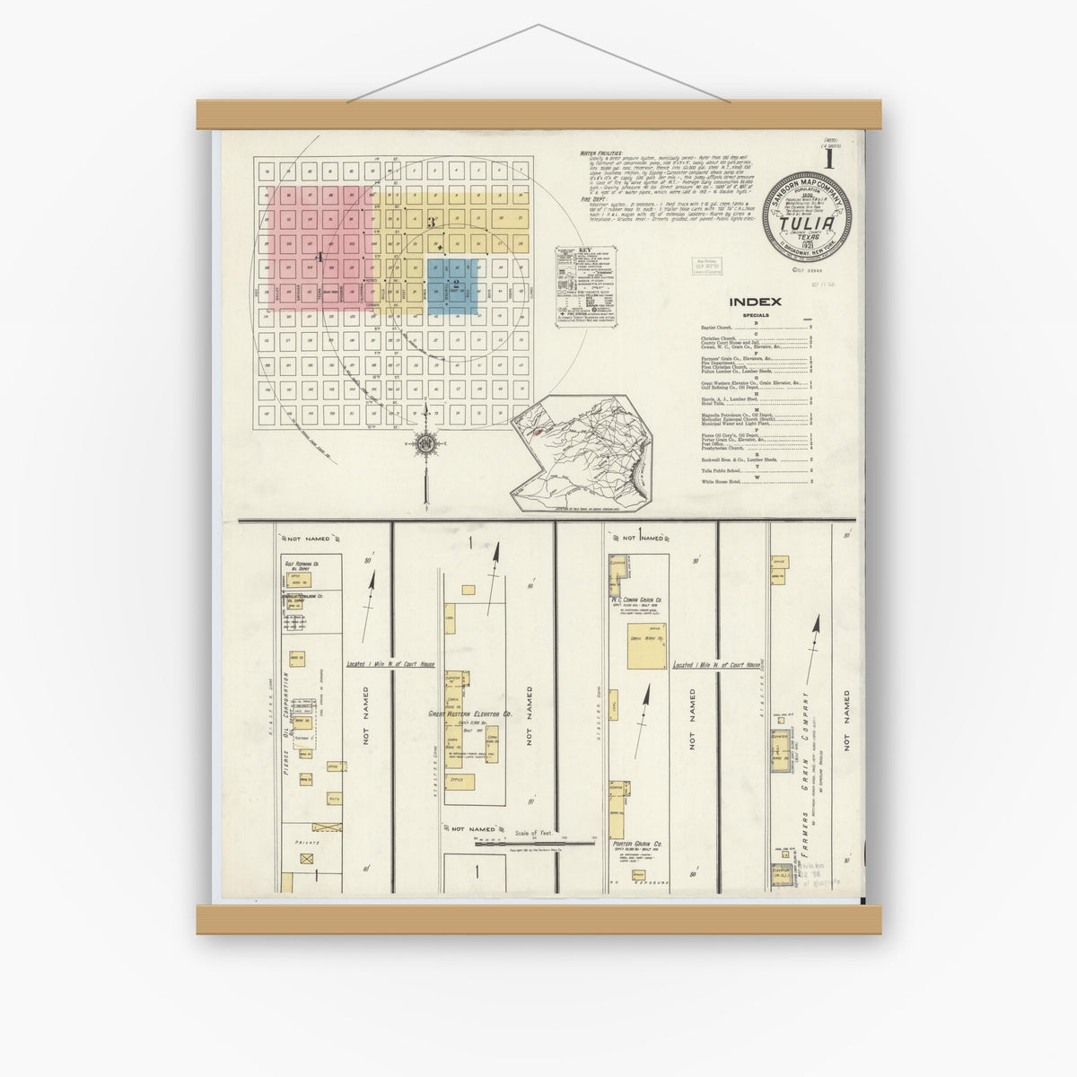 Old map wall art mockup — magnetic wood frame on white wall — Sanborn Fire Insurance Map from Tulia, Swisher County, Texas (1921) - Complete Map Set