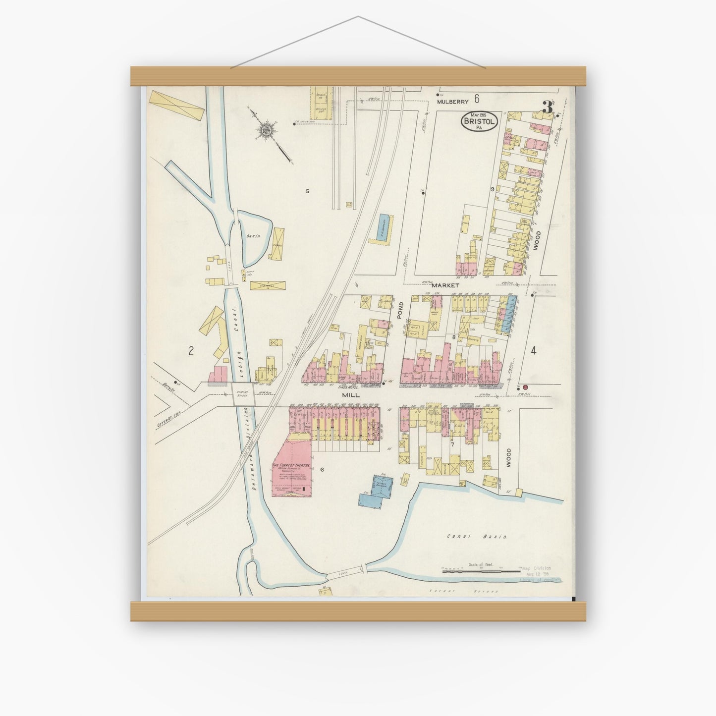Old map wall art mockup — magnetic wood frame on white wall — Sanborn Fire Insurance Map from Bristol, Bucks County, Pennsylvania (1915), Sheet #0003