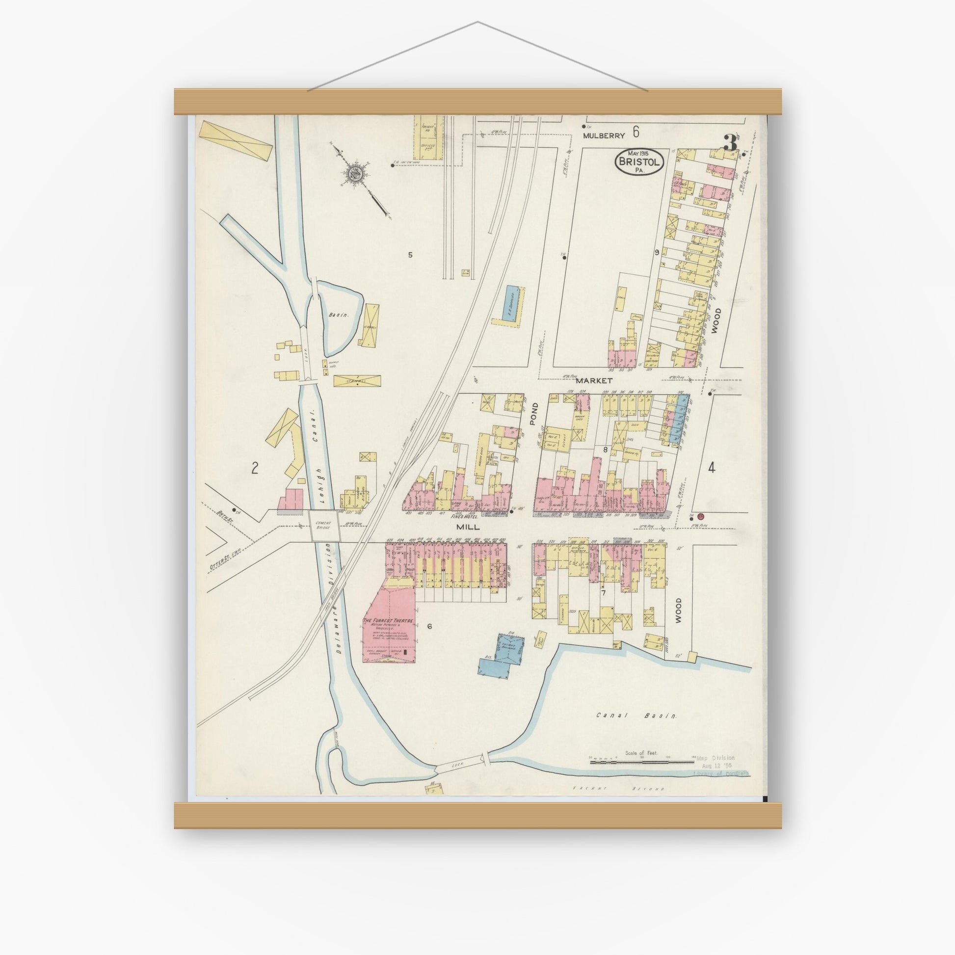 Old map wall art mockup — magnetic wood frame on white wall — Sanborn Fire Insurance Map from Bristol, Bucks County, Pennsylvania (1915), Sheet #0003