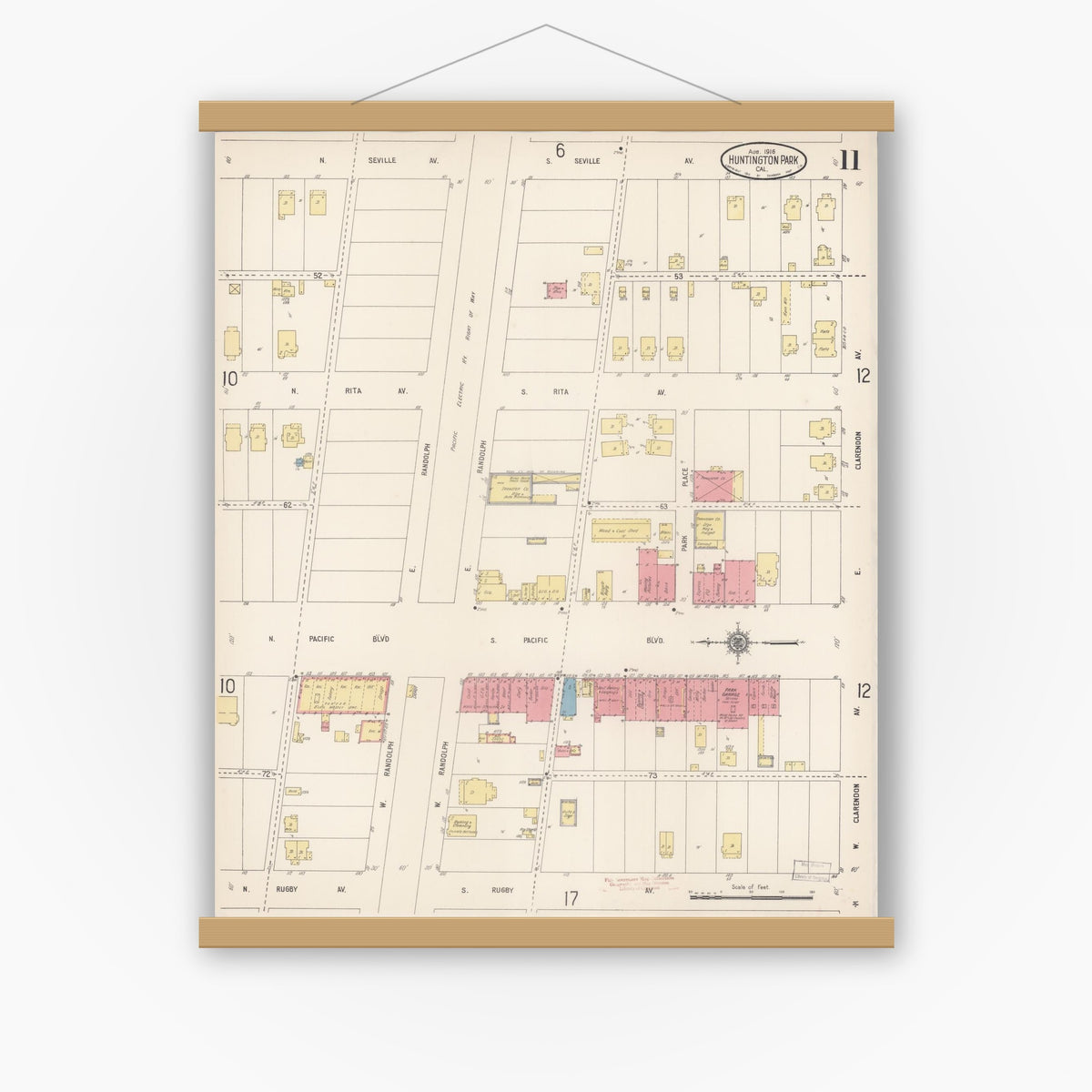 Old map wall art mockup — magnetic wood frame on white wall — Sanborn Fire Insurance Map from Huntington Park, Los Angeles County, California (1916), Sheet #0011