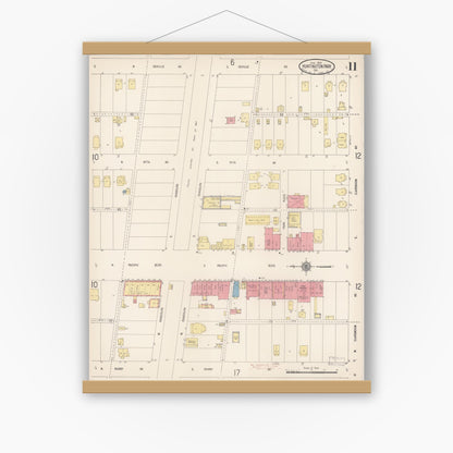 Old map wall art mockup — magnetic wood frame on white wall — Sanborn Fire Insurance Map from Huntington Park, Los Angeles County, California (1916), Sheet #0011