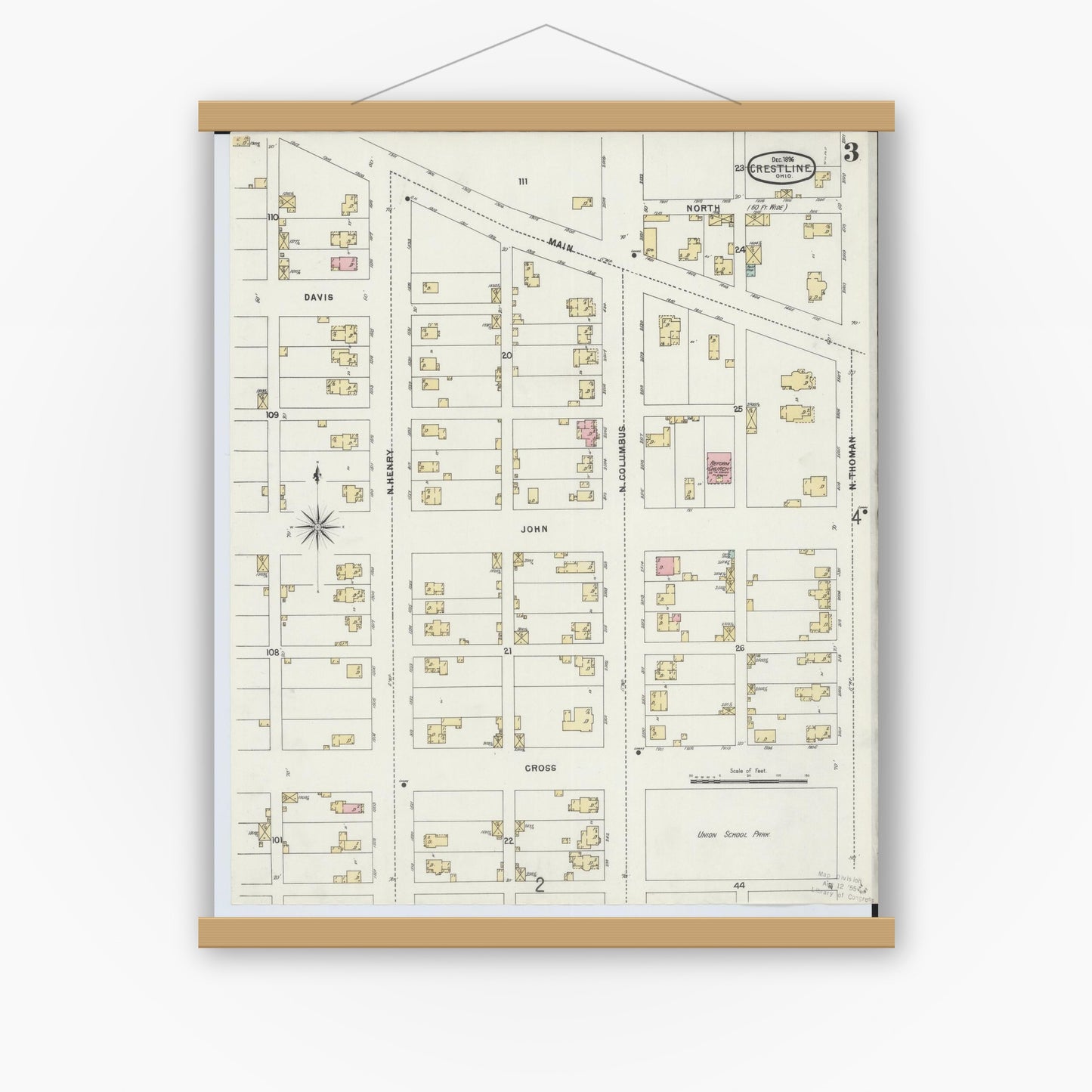 Old map wall art mockup — magnetic wood frame on white wall — Sanborn Fire Insurance Map from Crestline, Crawford County, Ohio (1896), Sheet #0003