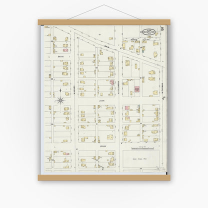 Old map wall art mockup — magnetic wood frame on white wall — Sanborn Fire Insurance Map from Crestline, Crawford County, Ohio (1896), Sheet #0003