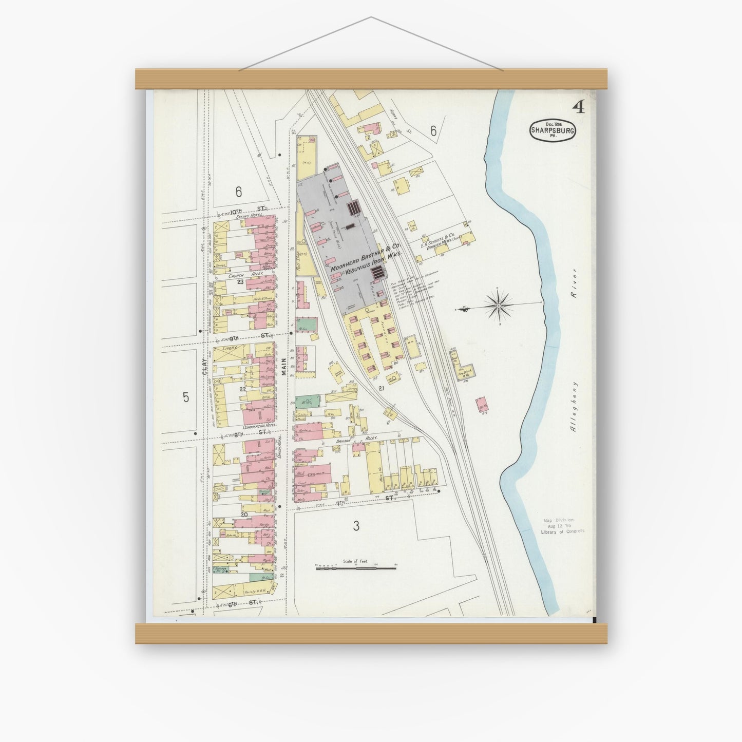 Old map wall art mockup — magnetic wood frame on white wall — Sanborn Fire Insurance Map from Sharpsburg, Allegheny County, Pennsylvania (1896), Sheet #0004