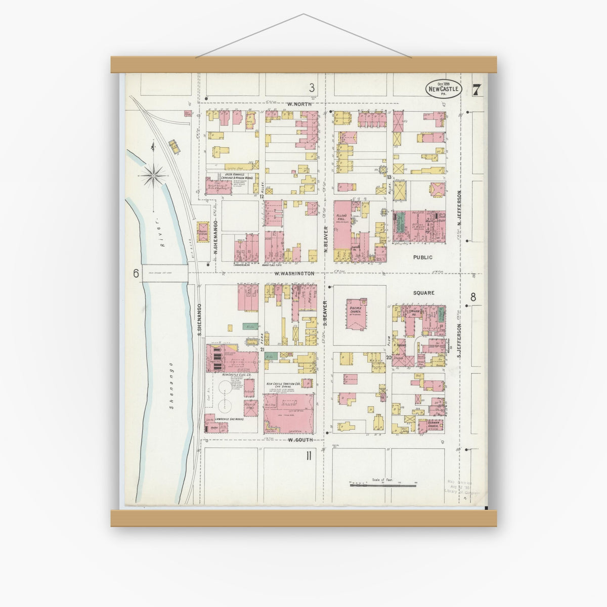 Old map wall art mockup — magnetic wood frame on white wall — Sanborn Fire Insurance Map from New Castle, Lawrence County, Pennsylvania (1899), Sheet #0007