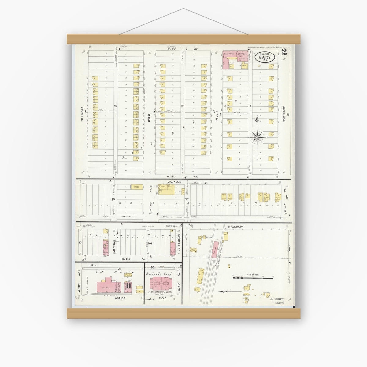 Old map wall art mockup — magnetic wood frame on white wall — Sanborn Fire Insurance Map from Gary, Lake County, Indiana (1908), Sheet #0002