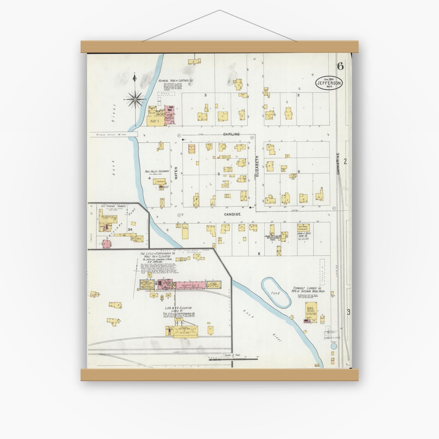 Old map wall art mockup — magnetic wood frame on white wall — Sanborn Fire Insurance Map from Jefferson, Jefferson County, Wisconsin (1904), Sheet #0006