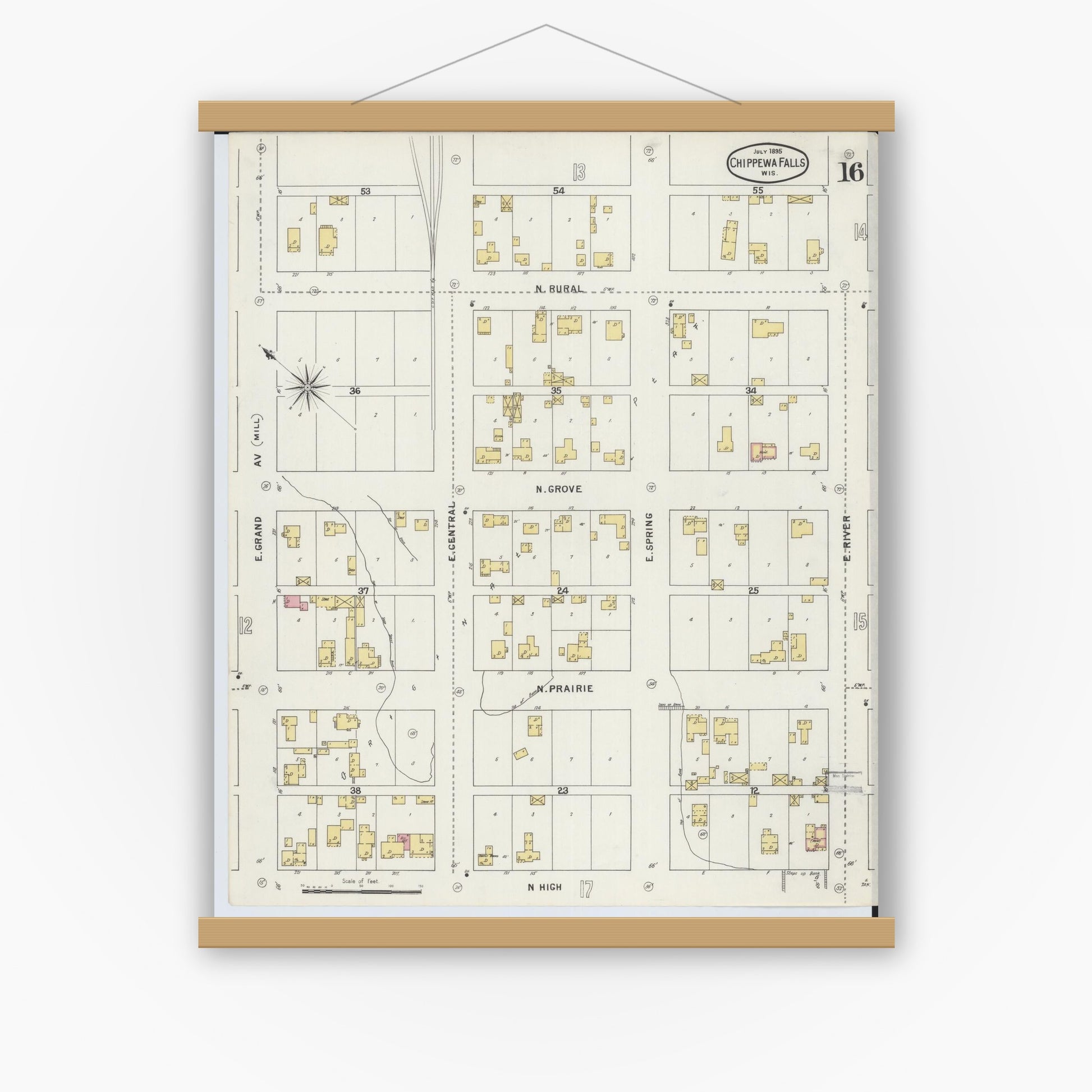 Old map wall art mockup — magnetic wood frame on white wall — Sanborn Fire Insurance Map from Chippewa Falls, Chippewa County, Wisconsin (1895), Sheet #0016