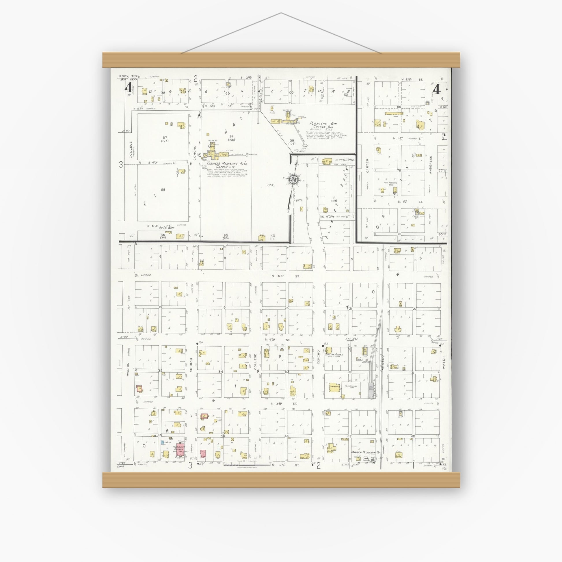 Old map wall art mockup — magnetic wood frame on white wall — Sanborn Fire Insurance Map from Roby, Fisher County, Texas (1935), Sheet #0004