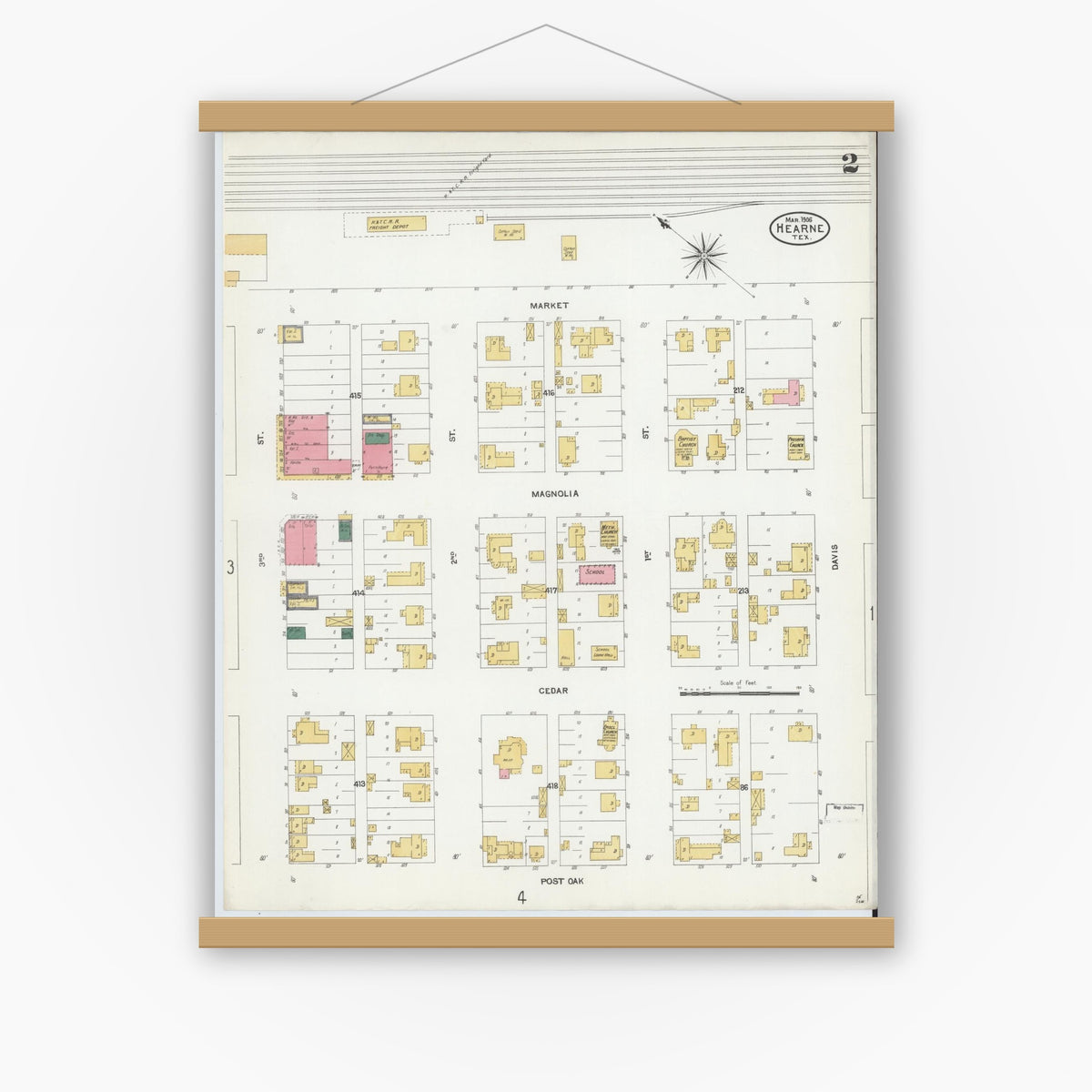 Old map wall art mockup — magnetic wood frame on white wall — Sanborn Fire Insurance Map from Hearne, Robertson County, Texas (1906), Sheet #0002