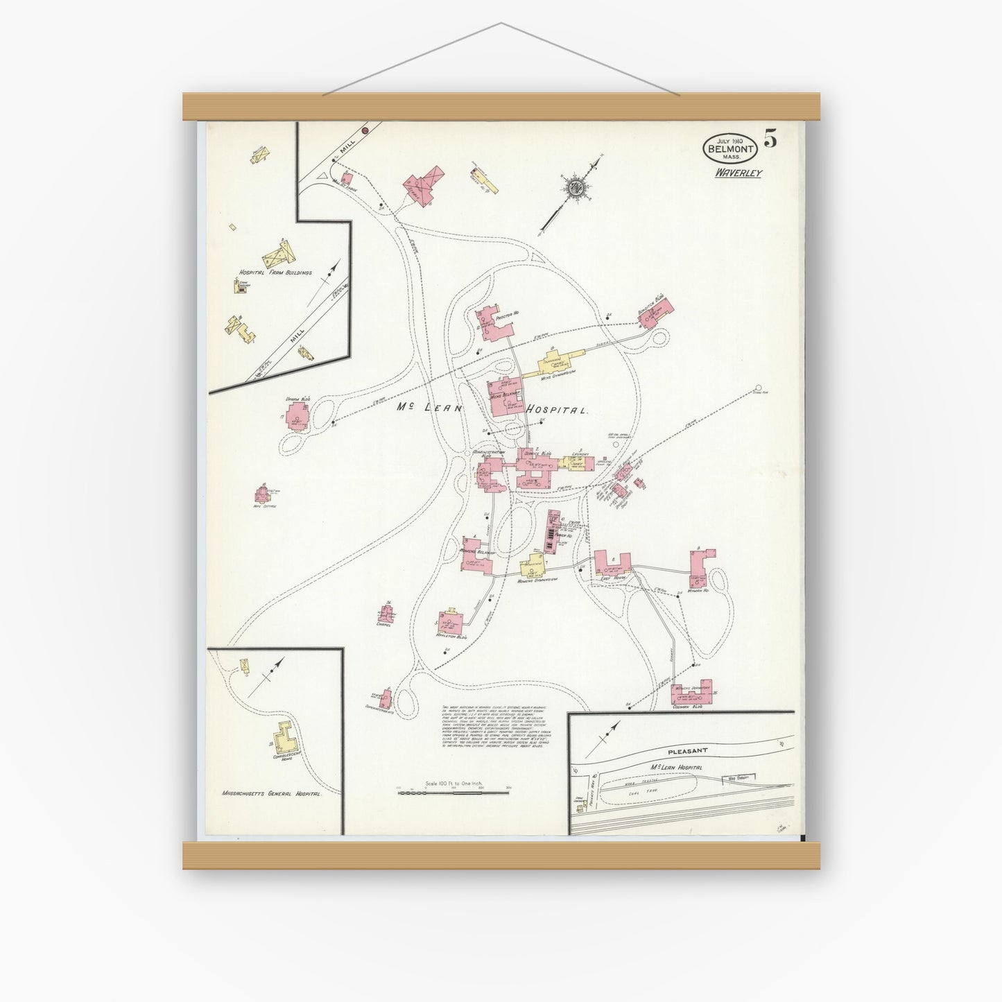 Old map wall art mockup — magnetic wood frame on white wall — Sanborn Fire Insurance Map from Belmont, Middlesex County, Massachusetts (1910), Sheet #0005