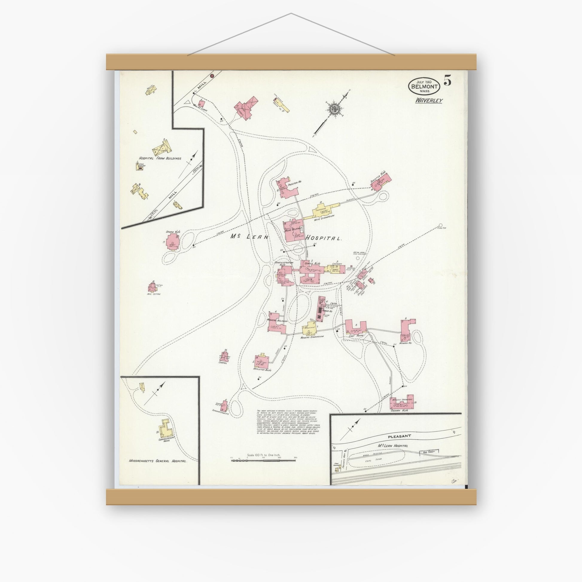 Old map wall art mockup — magnetic wood frame on white wall — Sanborn Fire Insurance Map from Belmont, Middlesex County, Massachusetts (1910), Sheet #0005