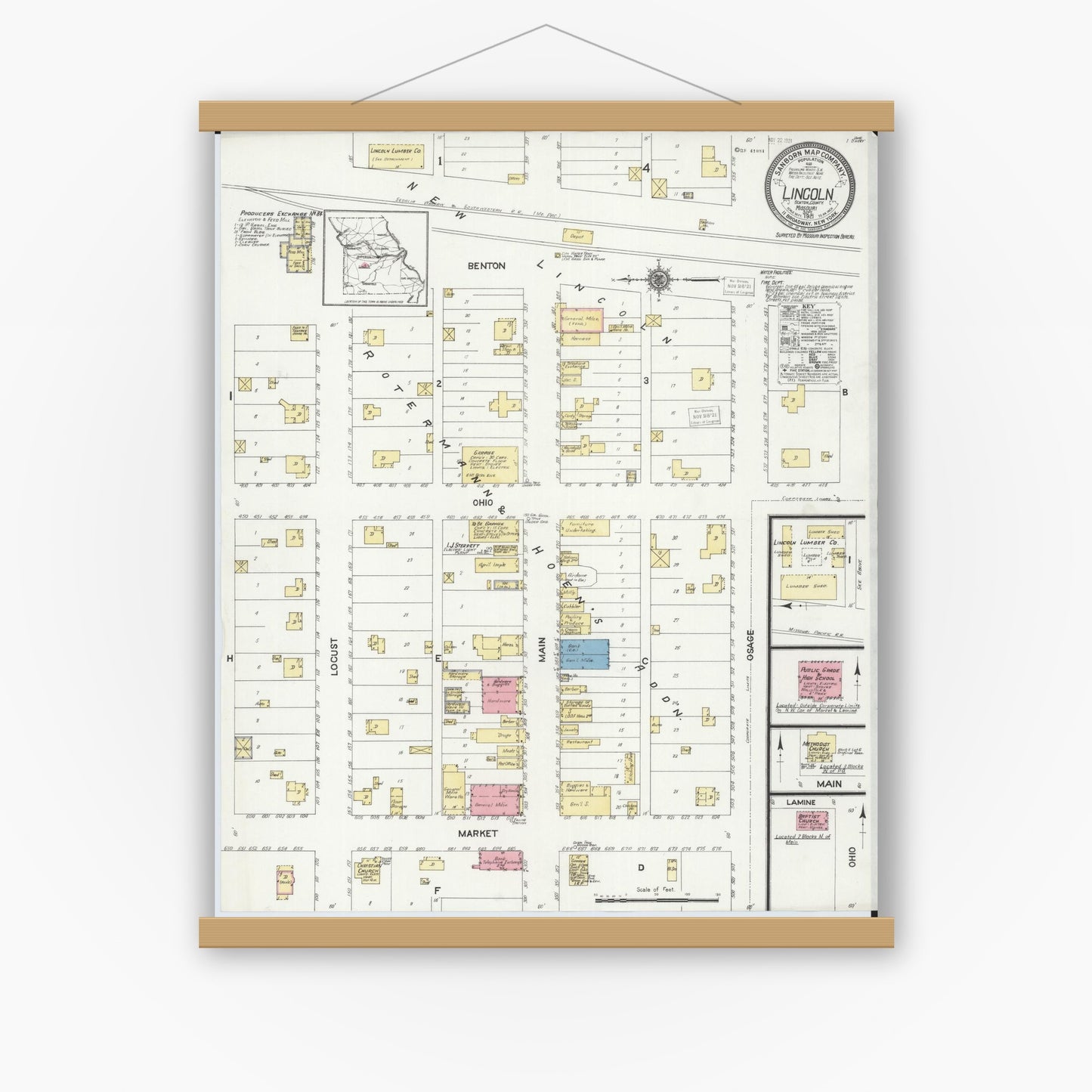Old map wall art mockup — magnetic wood frame on white wall — Sanborn Fire Insurance Map from Lincoln, Benton County, Missouri (1921), Sheet #0001