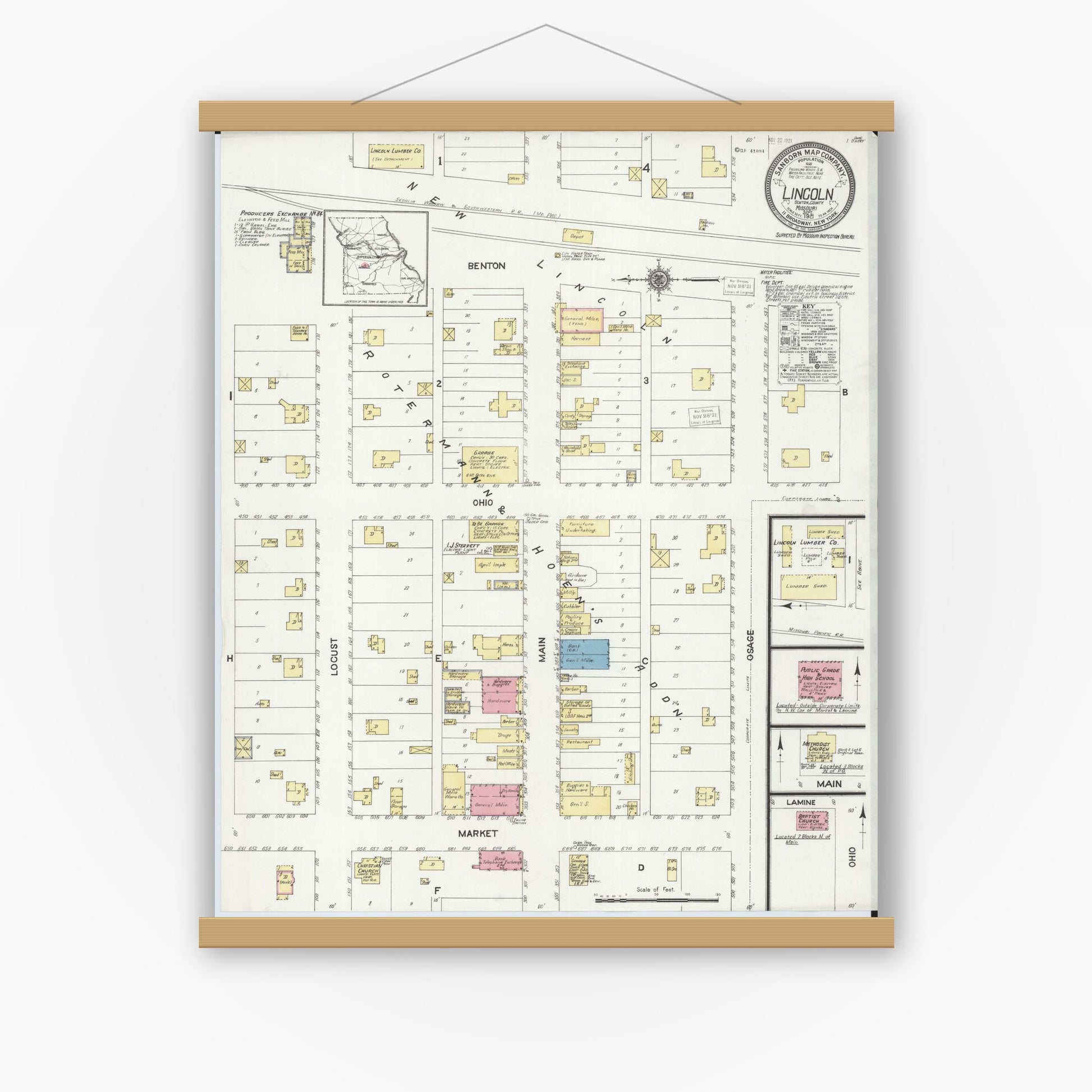 Old map wall art mockup — magnetic wood frame on white wall — Sanborn Fire Insurance Map from Lincoln, Benton County, Missouri (1921), Sheet #0001