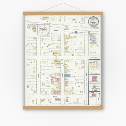 Old map wall art mockup — magnetic wood frame on white wall — Sanborn Fire Insurance Map from Lincoln, Benton County, Missouri (1921), Sheet #0001