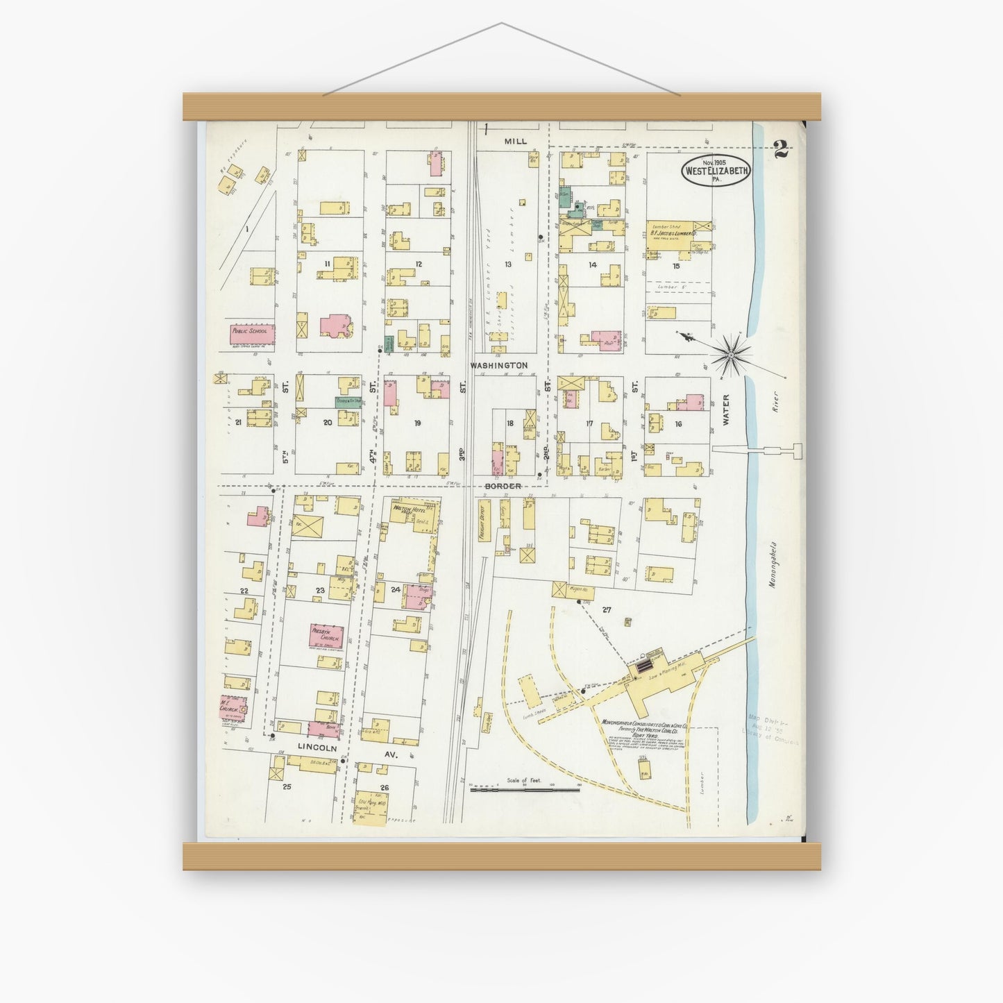 Old map wall art mockup — magnetic wood frame on white wall — Sanborn Fire Insurance Map from West Elizabeth, Allegheny County, Pennsylvania (1905), Sheet #0002