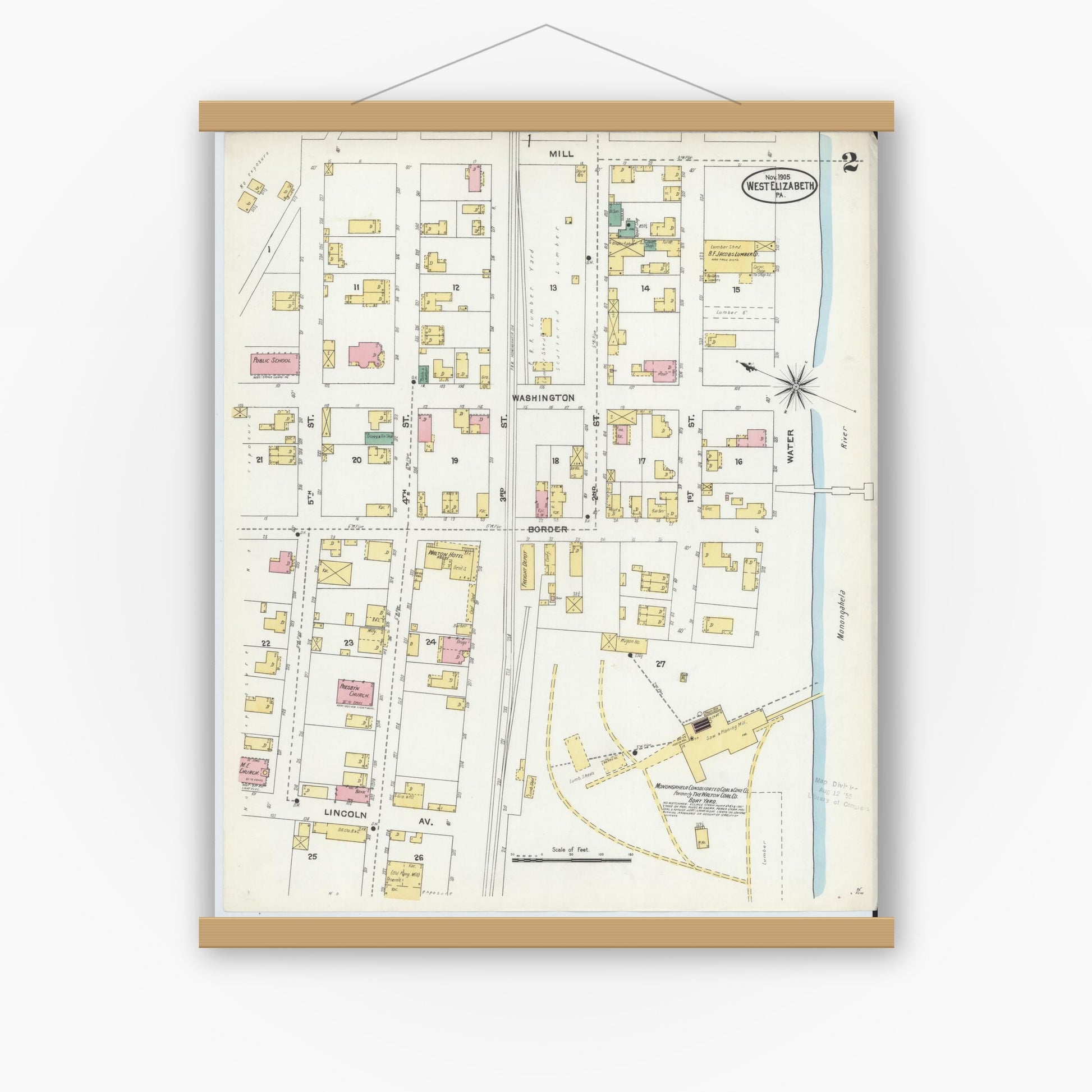 Old map wall art mockup — magnetic wood frame on white wall — Sanborn Fire Insurance Map from West Elizabeth, Allegheny County, Pennsylvania (1905), Sheet #0002