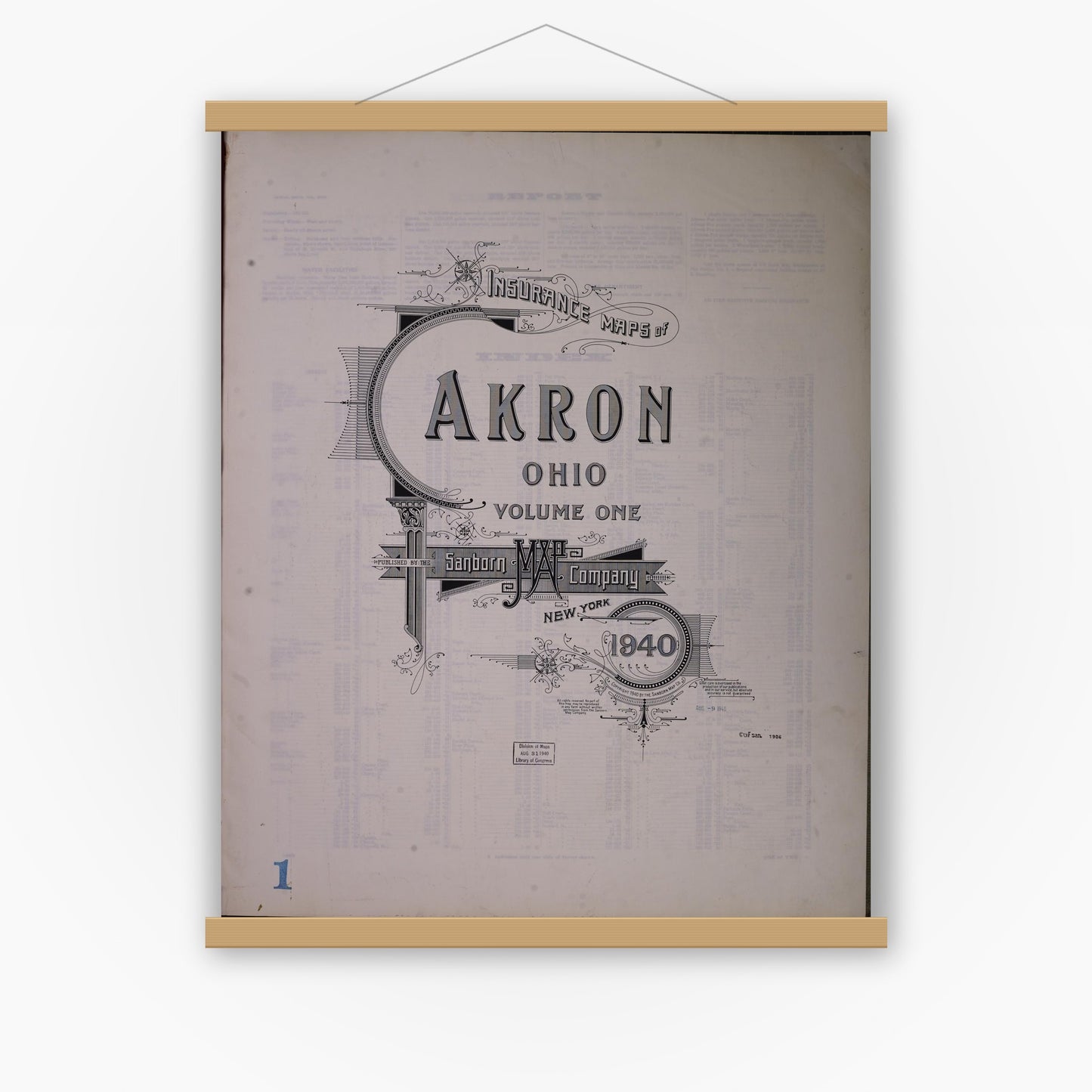Old map wall art mockup — magnetic wood frame on white wall — Sanborn Fire Insurance Map from Akron, Summit County, Ohio (1940), Sheet #0001