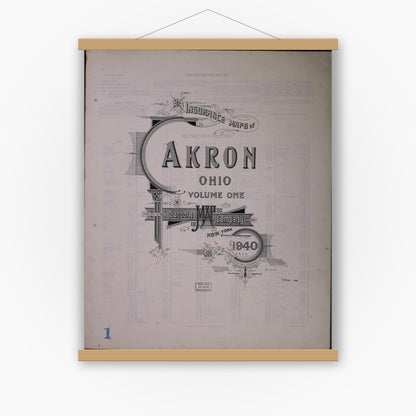 Old map wall art mockup — magnetic wood frame on white wall — Sanborn Fire Insurance Map from Akron, Summit County, Ohio (1940), Sheet #0001