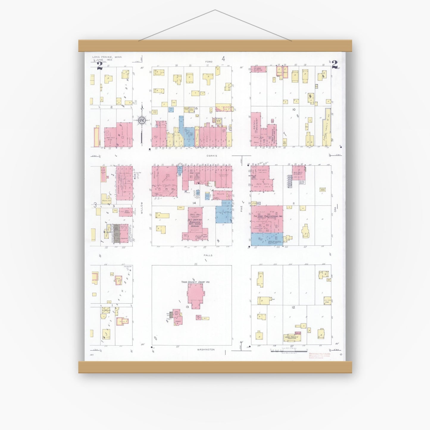 Old map wall art mockup — magnetic wood frame on white wall — Sanborn Fire Insurance Map from Long Prairie, Todd County, Minnesota (1933), Sheet #0002