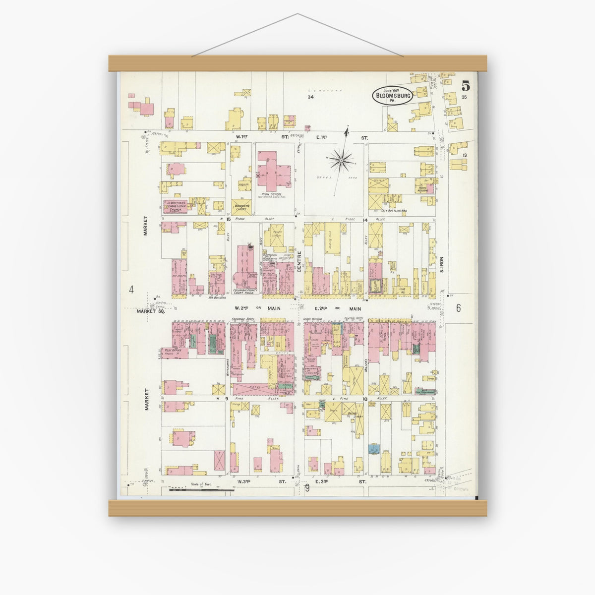 Old map wall art mockup — magnetic wood frame on white wall — Sanborn Fire Insurance Map from Bloomsburg, Columbia County, Pennsylvania (1907), Sheet #0005